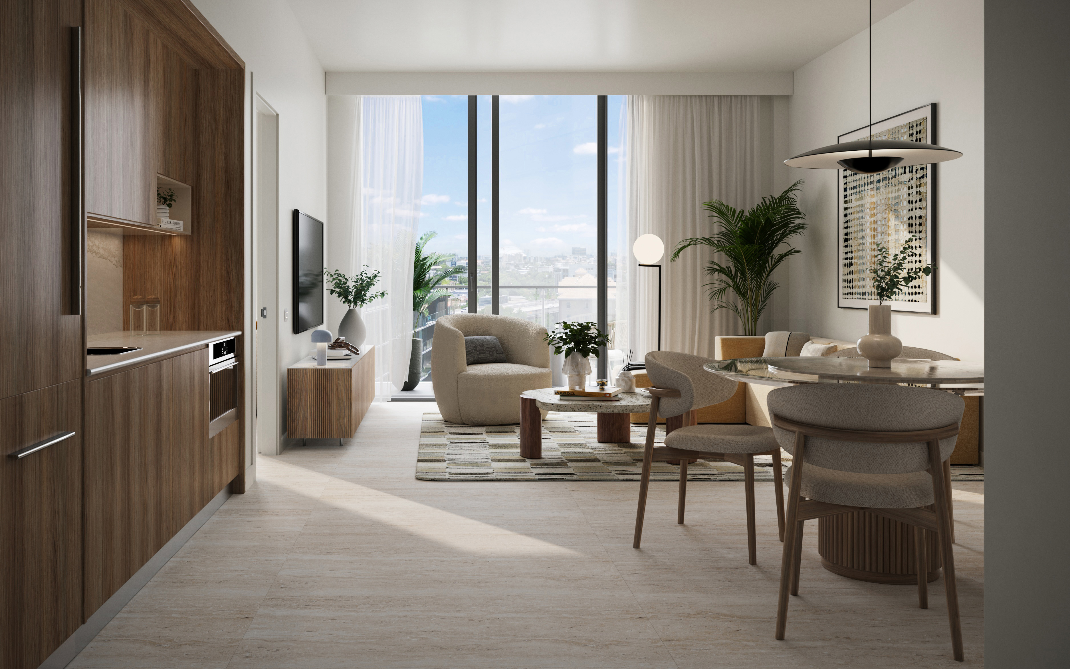 Sala de estar mobiliada do Domus Brickell Park com design contemporâneo e vista para a cidade